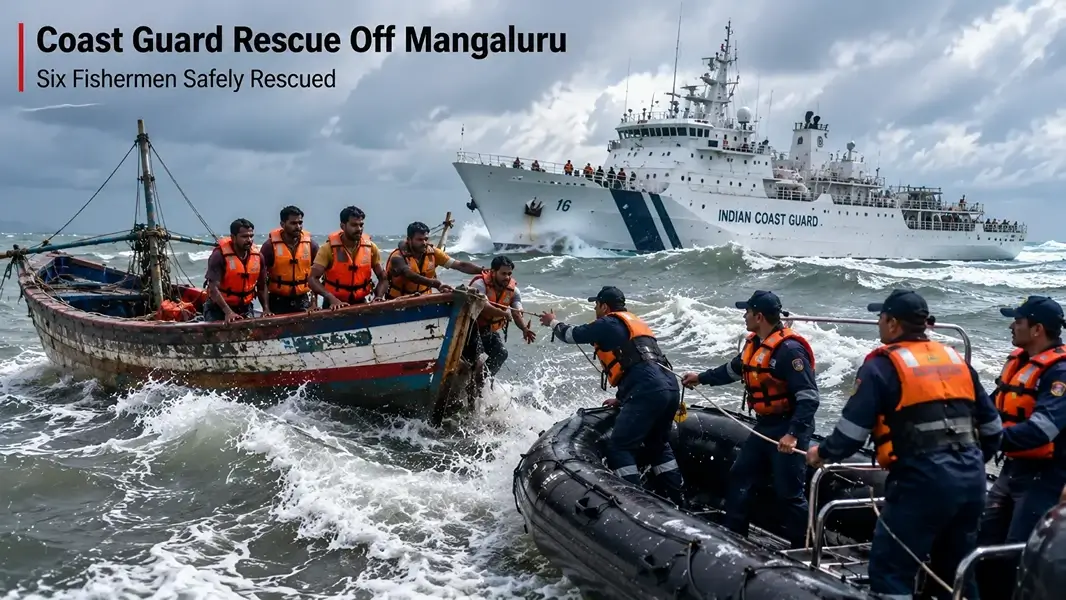 Indian Coast Guard Rescues Six Fishermen Amid Rough Sea Conditions Off Mangaluru Coast