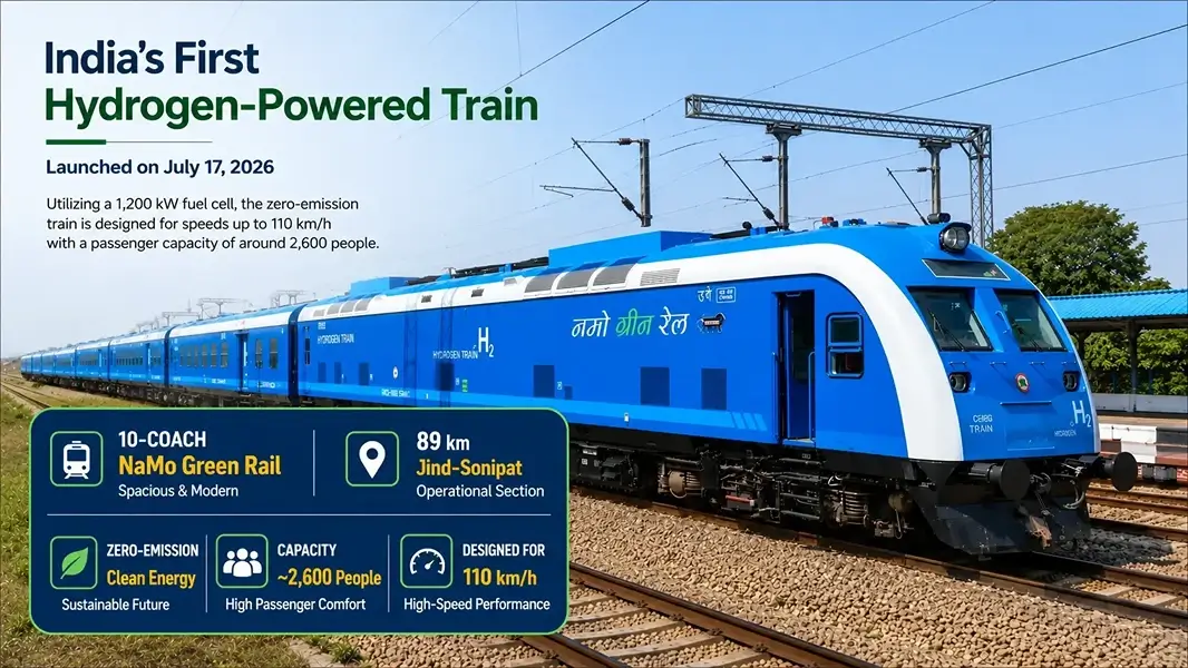 India’s First 10-Coach Hydrogen-Powered NaMo Green Rail Launched on July 17: 110 km/h Top Speed, 1,200 kW Power, 2,600 Passenger Capacity — See Route, Distance & More