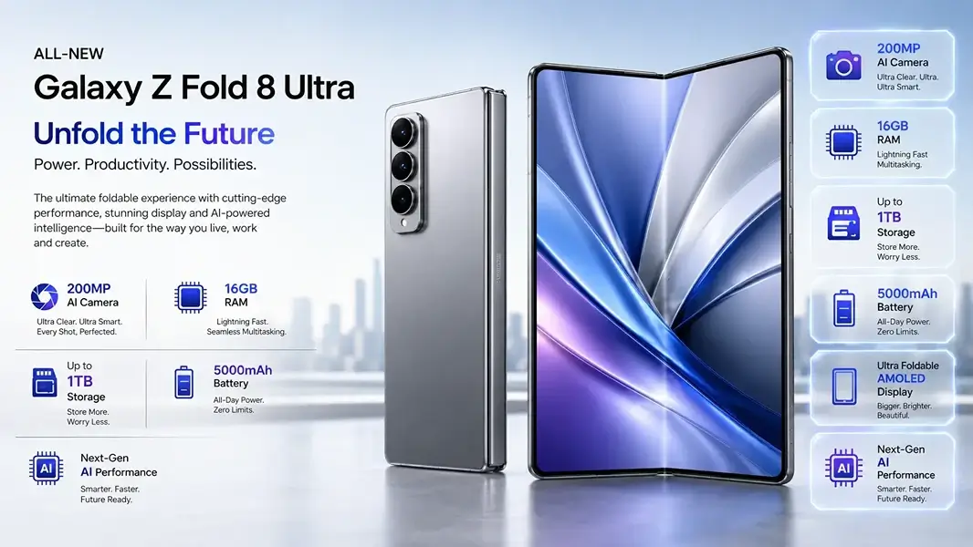 Samsung Galaxy Z Fold 8 Ultra: See 200MP Camera, 16GB RAM, 1TB Storage, 5000mAh Battery and Full Specifications